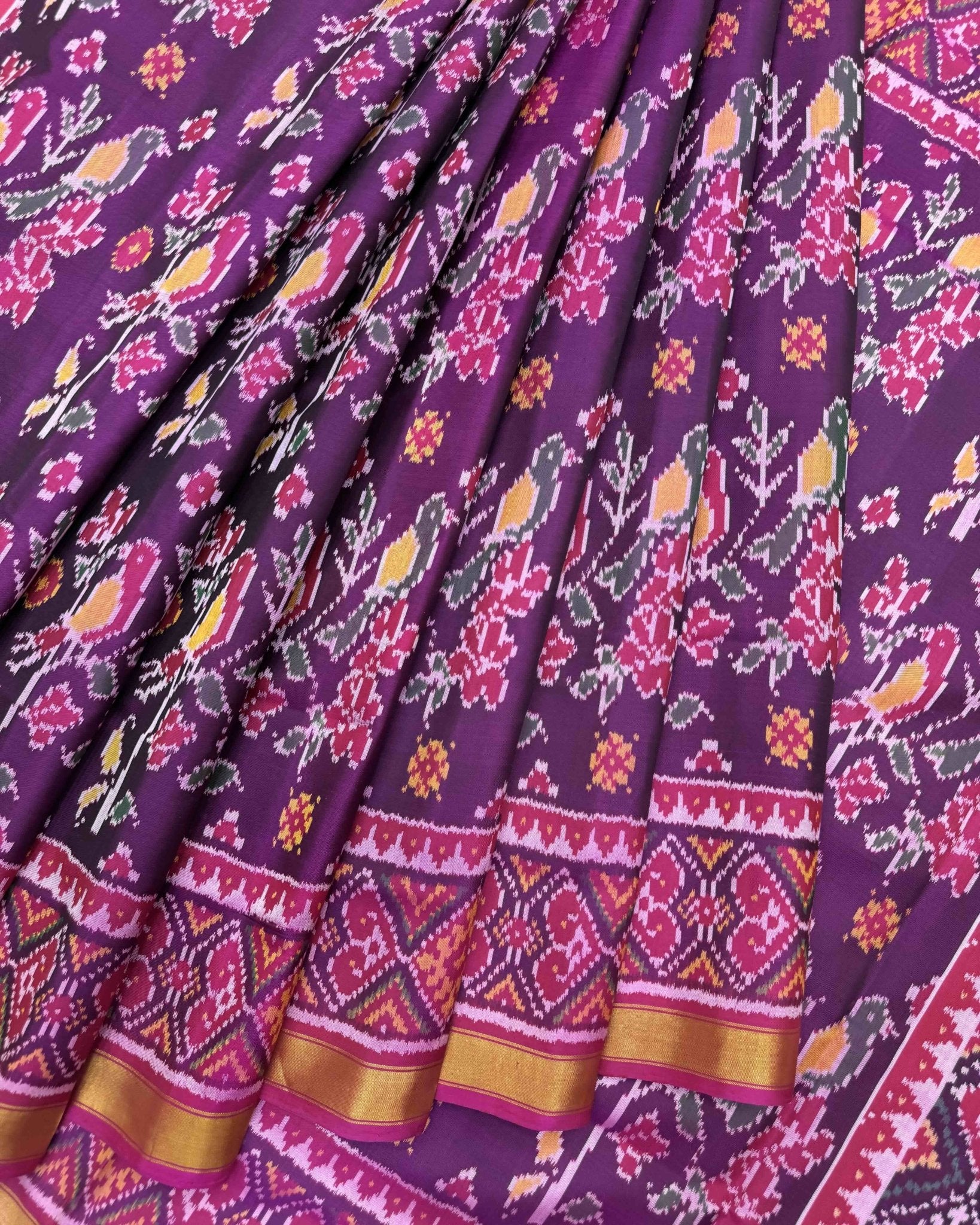 Pink & Purple Fancy Flower Birds Patola Saree - SindhoiPatolaArt