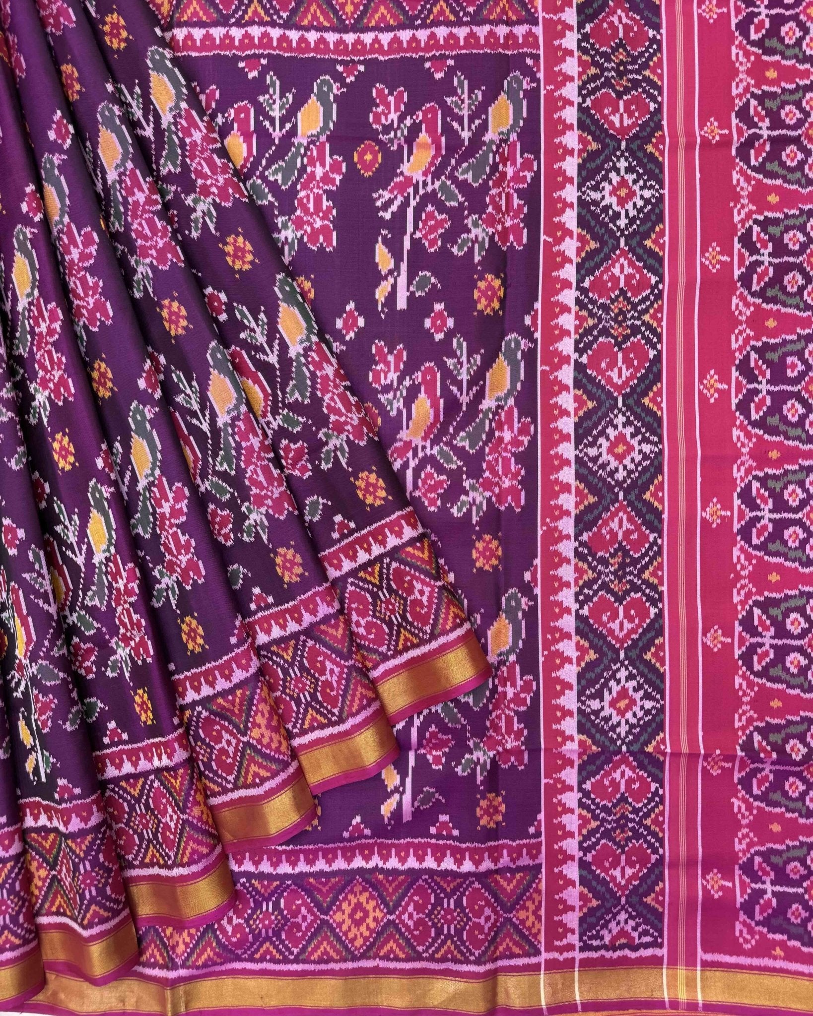 Pink & Purple Fancy Flower Birds Patola Saree - SindhoiPatolaArt