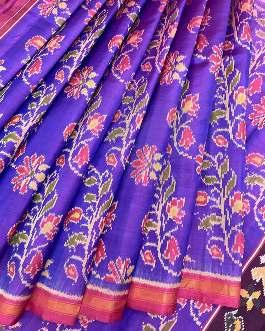 Pink & Purple Fancy Leaves Flower Patola Saree - SindhoiPatolaArt