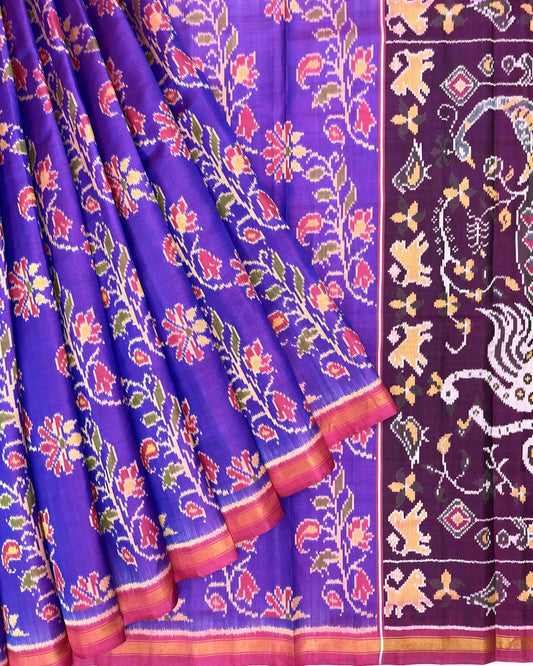 Pink & Purple Fancy Leaves Flower Patola Saree - SindhoiPatolaArt