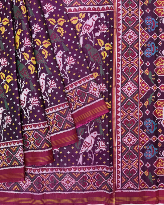 Pink & Purple Fancy Parrot Twill Patola Saree - SindhoiPatolaArt