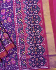 Pink & Purple Flower Semi Double Ikat Patola Saree - SindhoiPatolaArt