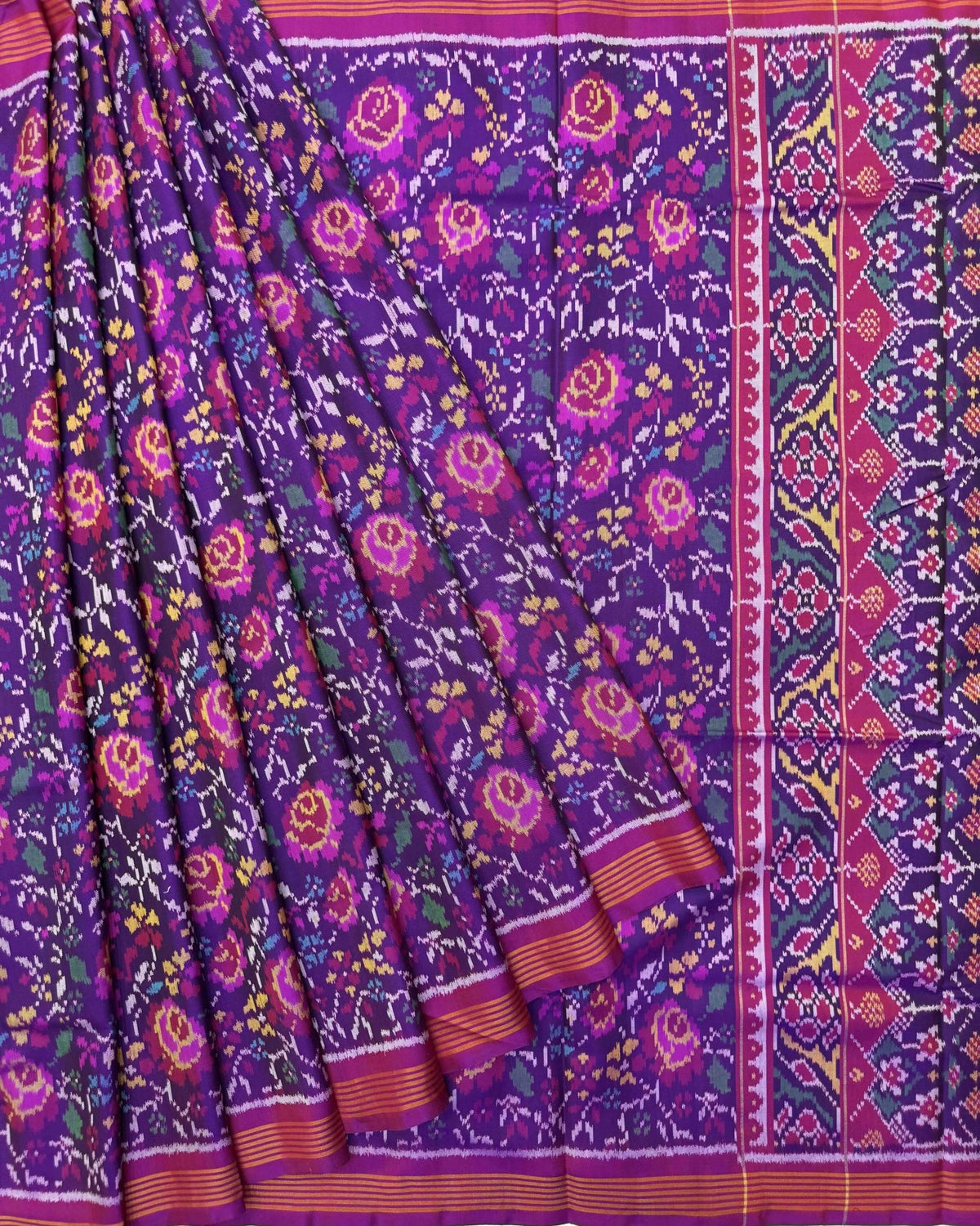 Pink & Purple Flower Semi Double Ikat Patola Saree - SindhoiPatolaArt
