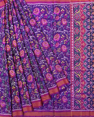 Pink & Purple Flower Semi Double Ikat Patola Saree - SindhoiPatolaArt