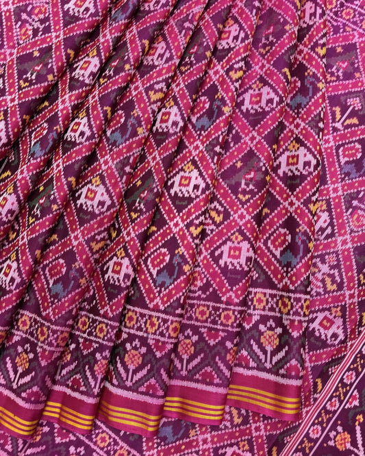 Pink & Purple Narikunj Semi Double Ikat Patola Saree - SindhoiPatolaArt