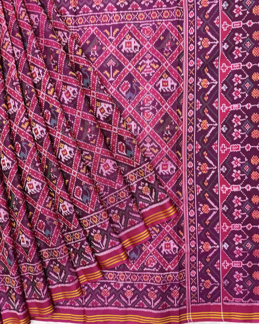 Pink & Purple Narikunj Semi Double Ikat Patola Saree - SindhoiPatolaArt