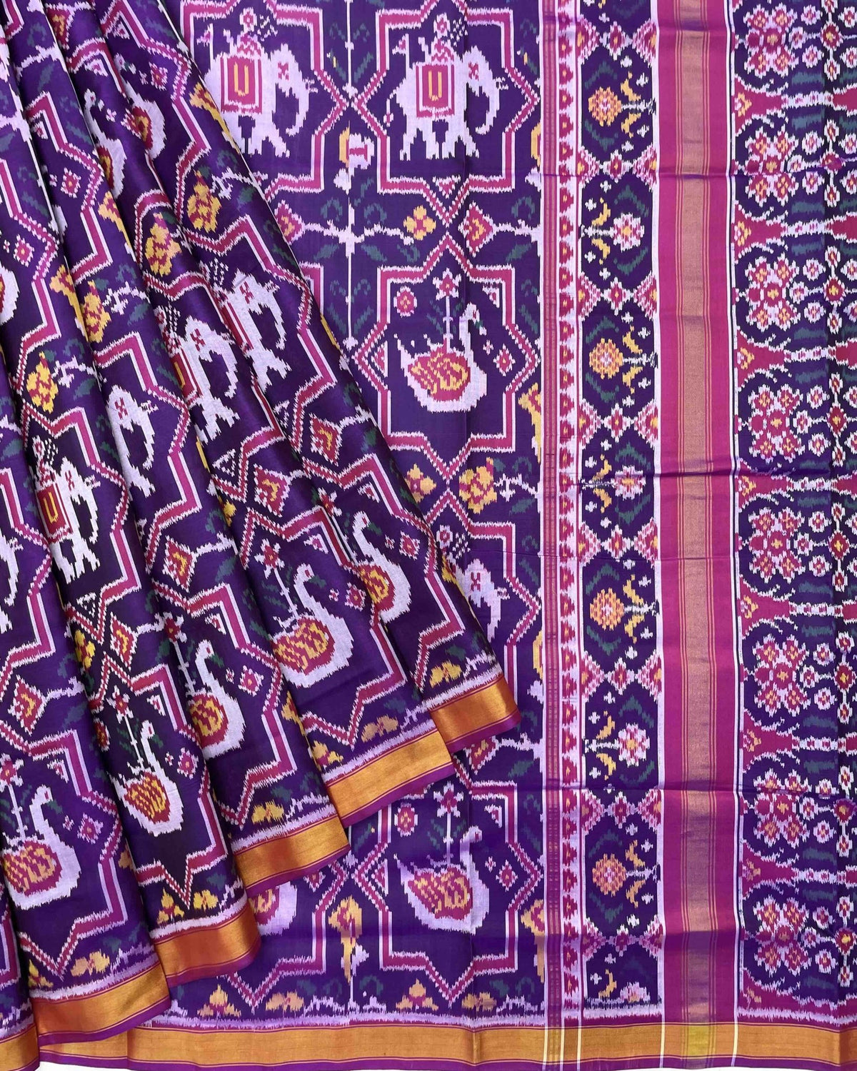 Pink & Purple Star Narikunj Figure Patola Saree - SindhoiPatolaArt