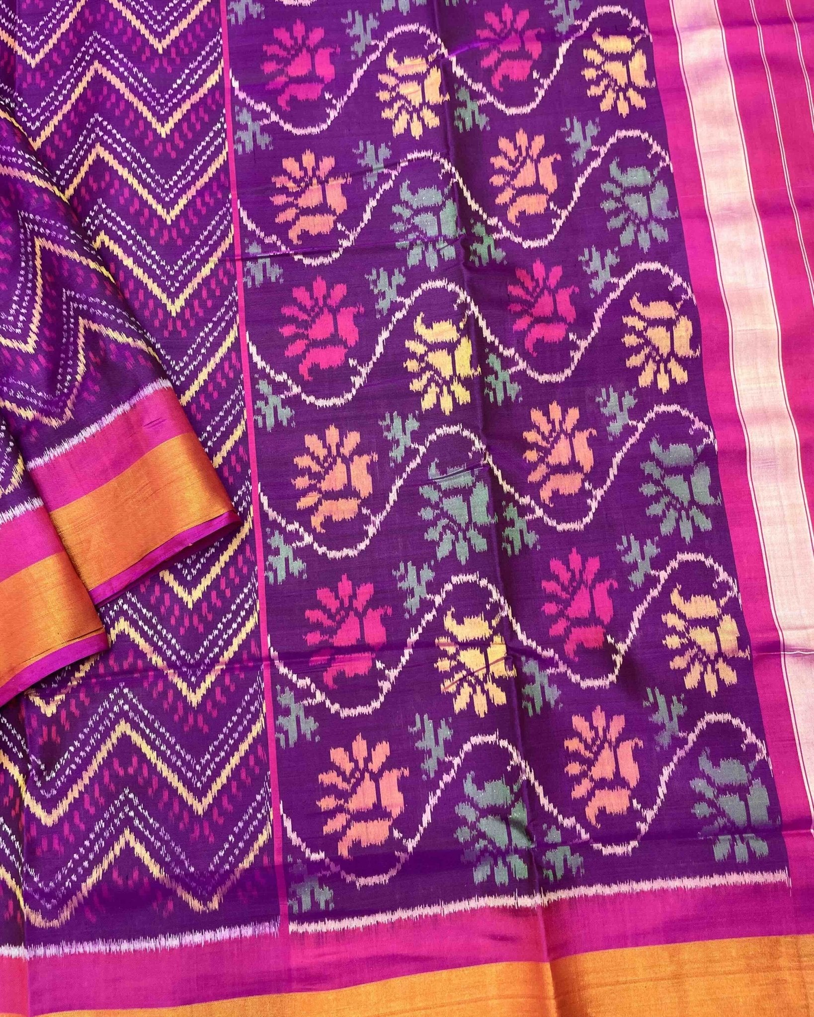 Pink & Purple Zig Zag Lining Patola Saree - SindhoiPatolaArt