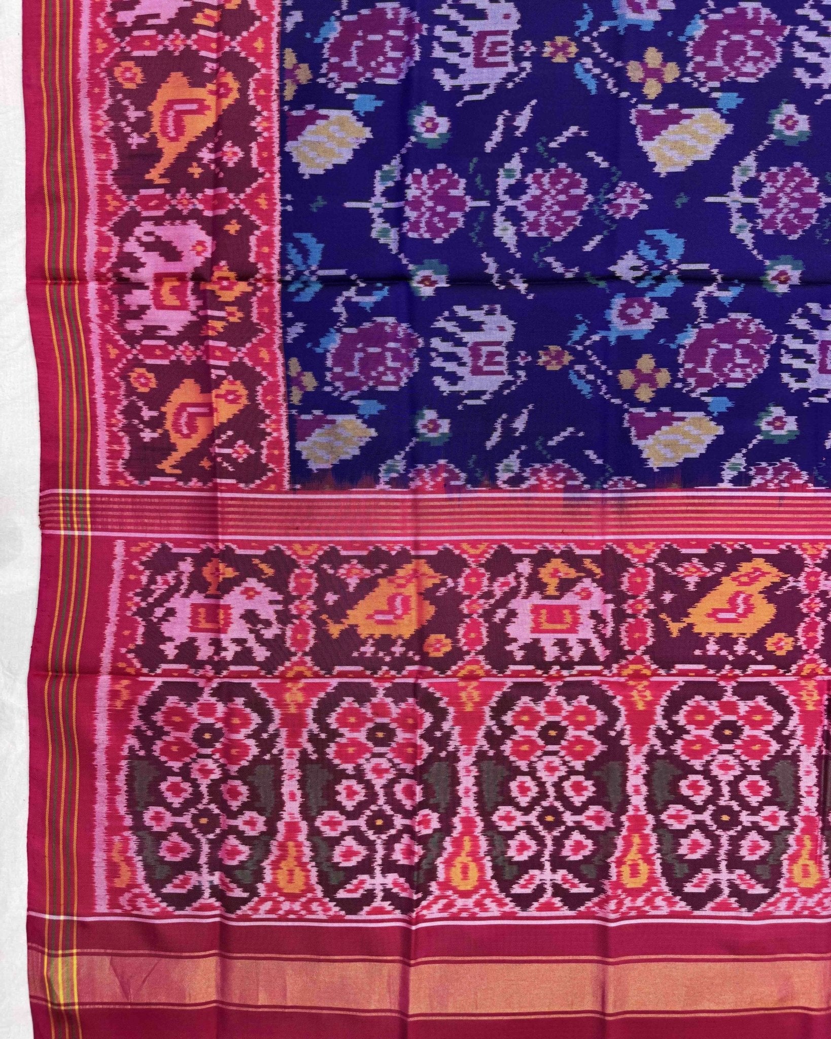 Pink & Purplish Blue Narikunj Flower Semi Double Ikat Patola Dupatta - SindhoiPatolaArt