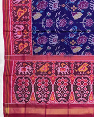 Pink & Purplish Blue Narikunj Flower Semi Double Ikat Patola Dupatta - SindhoiPatolaArt