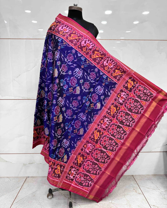 Pink & Purplish Blue Narikunj Flower Semi Double Ikat Patola Dupatta - SindhoiPatolaArt
