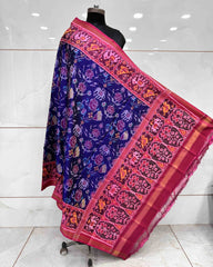 Pink & Purplish Blue Narikunj Flower Semi Double Ikat Patola Dupatta - SindhoiPatolaArt