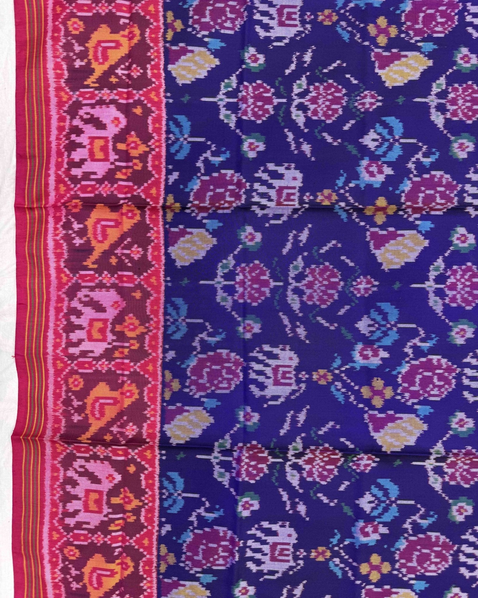 Pink & Purplish Blue Narikunj Flower Semi Double Ikat Patola Dupatta - SindhoiPatolaArt