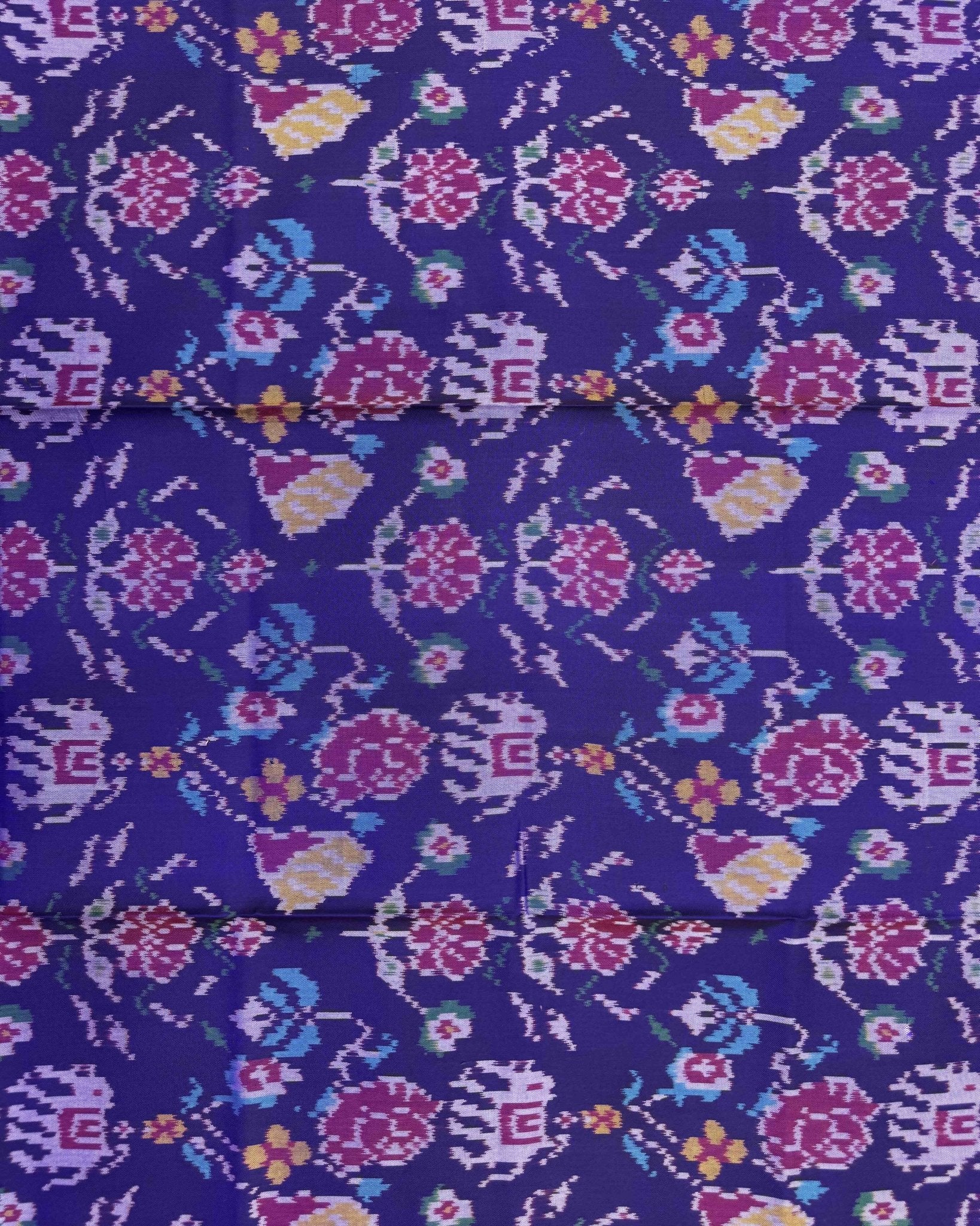 Pink & Purplish Blue Narikunj Flower Semi Double Ikat Patola Dupatta - SindhoiPatolaArt