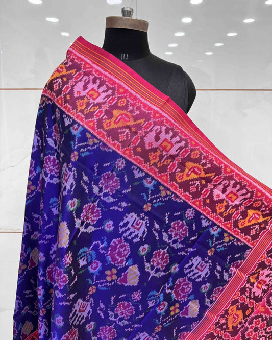 Pink & Purplish Blue Narikunj Flower Semi Double Ikat Patola Dupatta - SindhoiPatolaArt