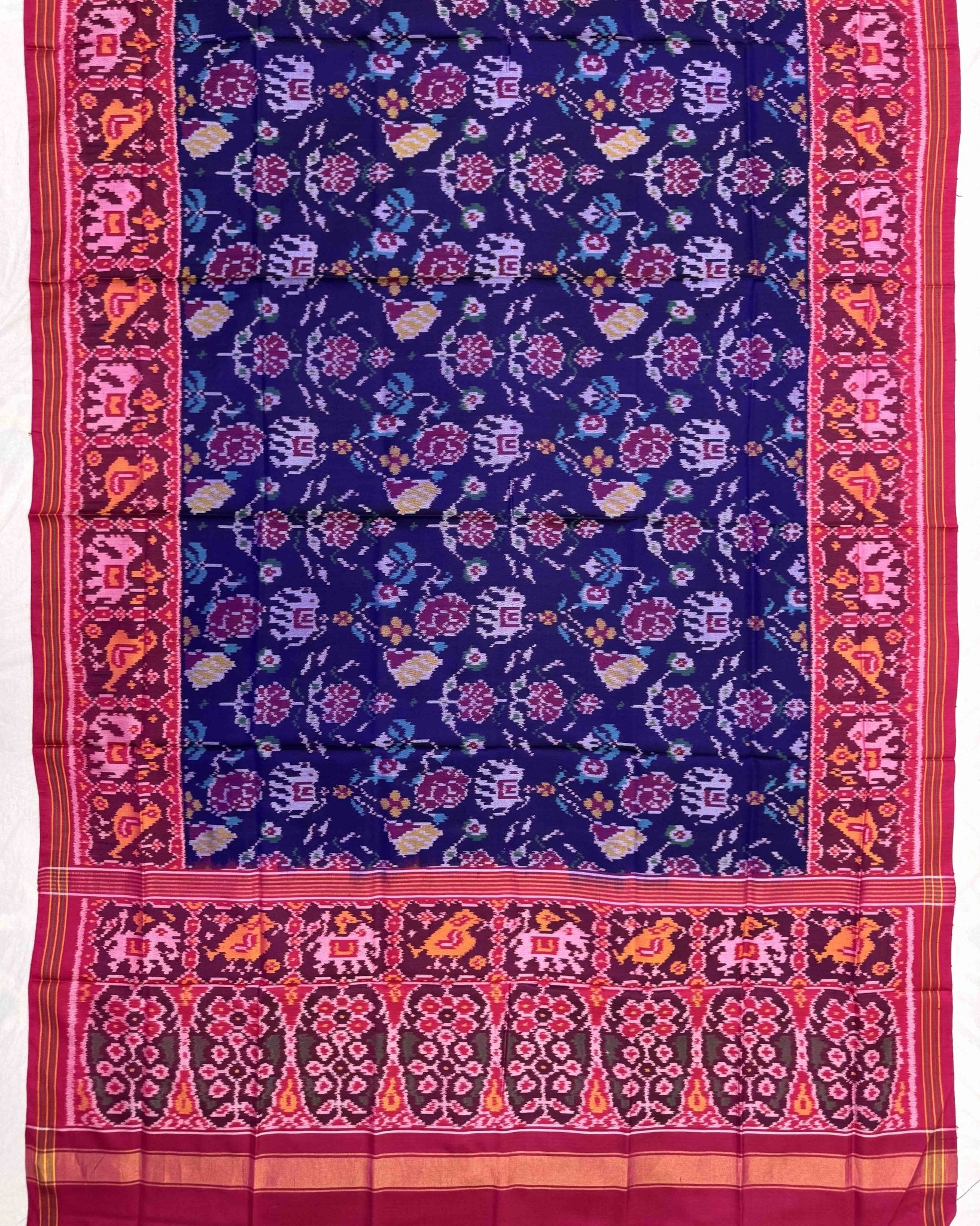 Pink & Purplish Blue Narikunj Flower Semi Double Ikat Patola Dupatta - SindhoiPatolaArt