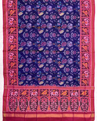 Pink & Purplish Blue Narikunj Flower Semi Double Ikat Patola Dupatta - SindhoiPatolaArt