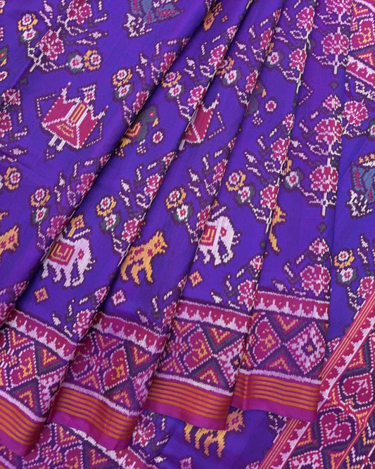 Pink & Purplish Blue Narikunj Semi Double Ikat Patola Saree - SindhoiPatolaArt