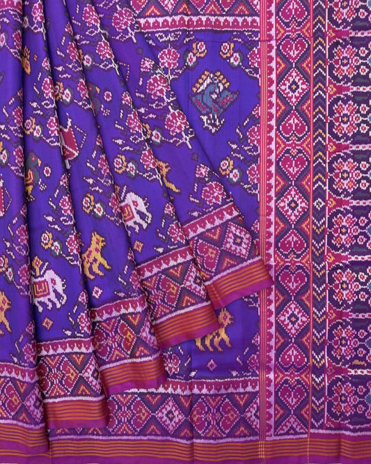 Pink & Purplish Blue Narikunj Semi Double Ikat Patola Saree - SindhoiPatolaArt