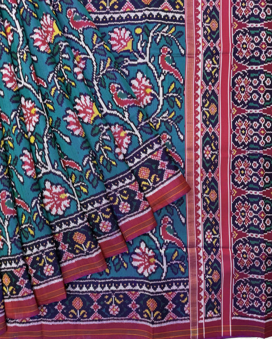 Pink & Rama Green Fancy Flower Bird Twill Patola Saree - SindhoiPatolaArt
