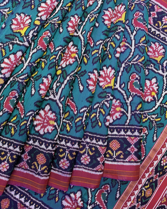 Pink & Rama Green Fancy Flower Bird Twill Patola Saree - SindhoiPatolaArt
