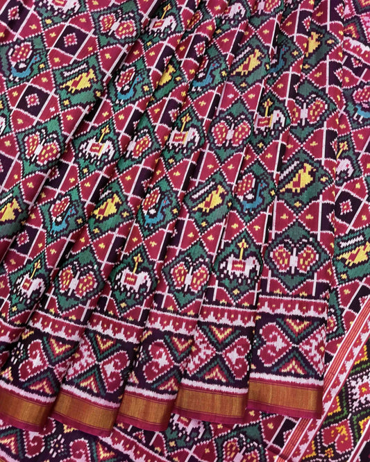 Pink & Rama Small New Narikunj Twill Patola Saree - SindhoiPatolaArt