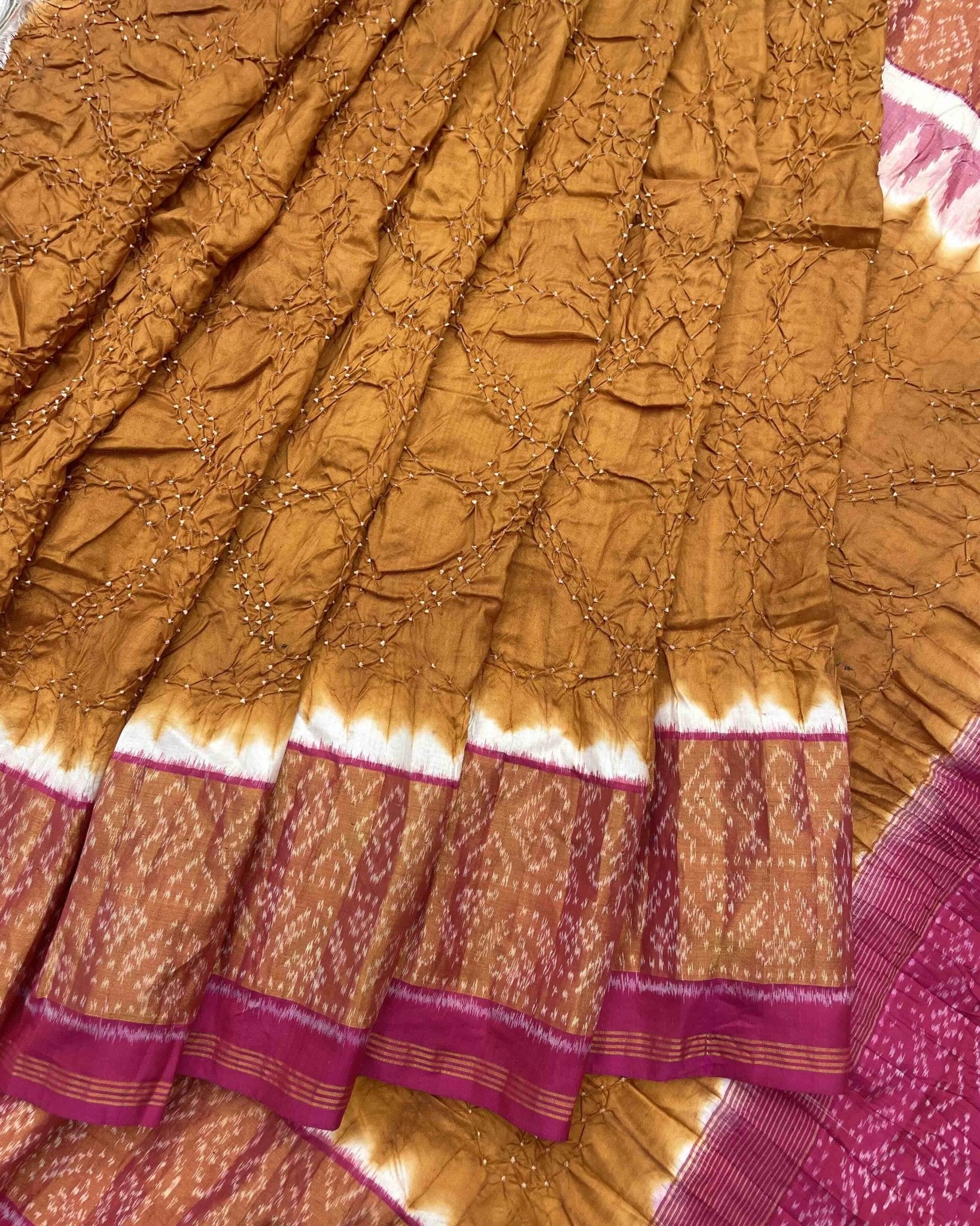 Pink & Rust Bandhani Patola Saree - SindhoiPatolaArt