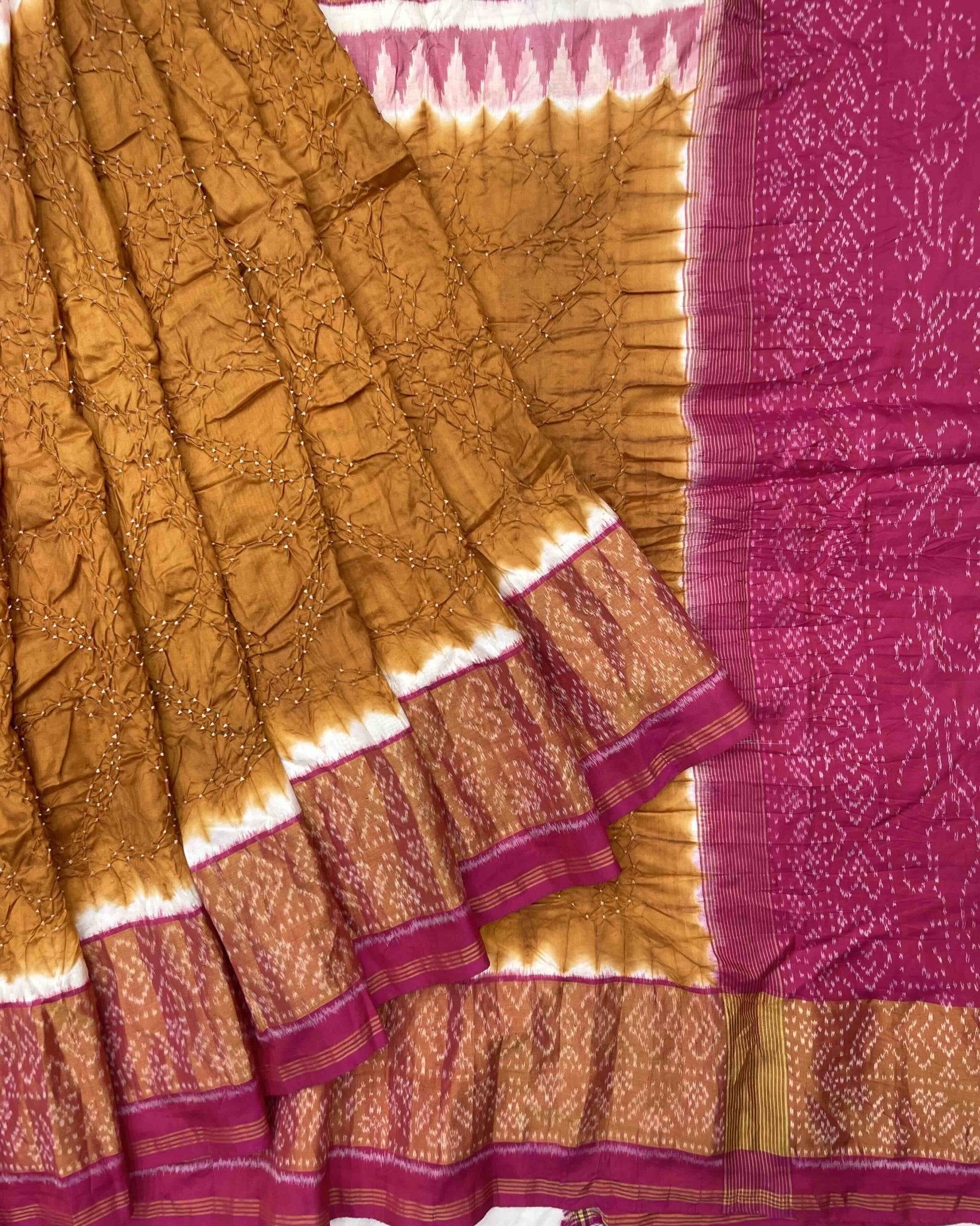 Pink & Rust Bandhani Patola Saree - SindhoiPatolaArt