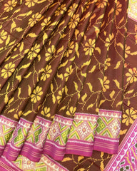 Pink & Rust Brown Fancy Flower Patola Saree - SindhoiPatolaArt
