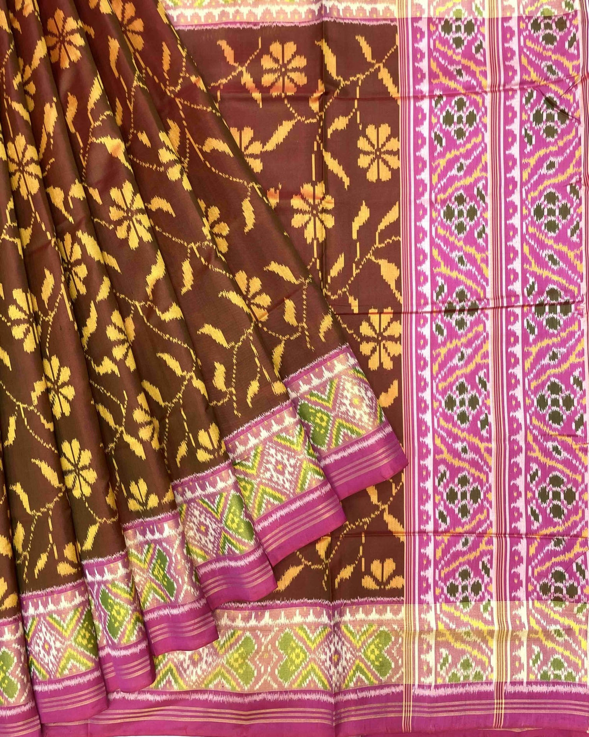 Pink & Rust Brown Fancy Flower Patola Saree - SindhoiPatolaArt