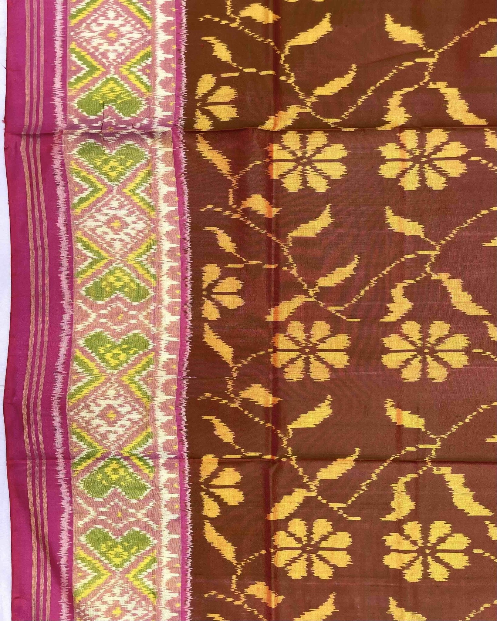 Pink & Rust Brown Fancy Flower Patola Saree - SindhoiPatolaArt