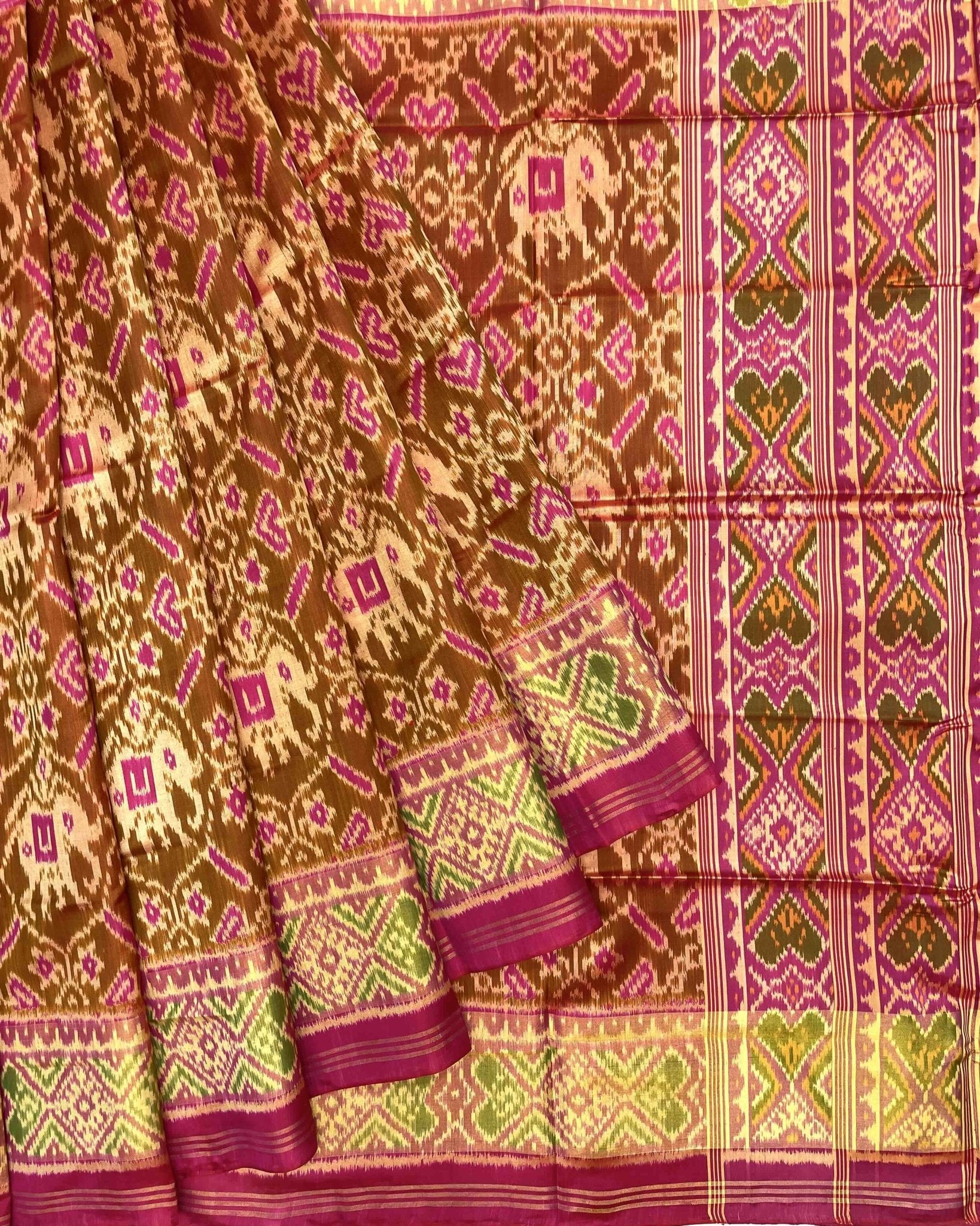 Pink & Rust Manekchowk Elephant Patola Saree - SindhoiPatolaArt