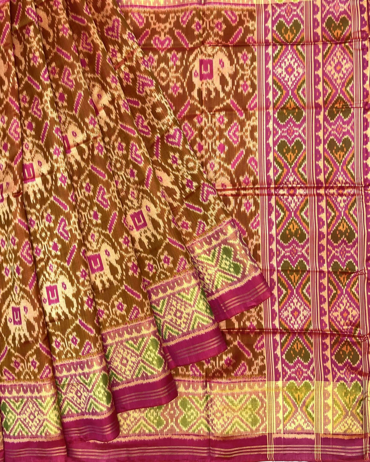 Pink & Rust Manekchowk Elephant Patola Saree - SindhoiPatolaArt