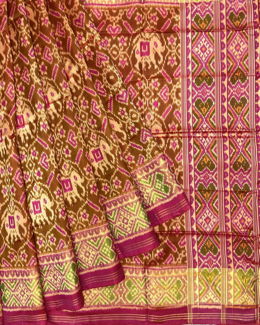 Pink & Rust Manekchowk Elephant Patola Saree - SindhoiPatolaArt