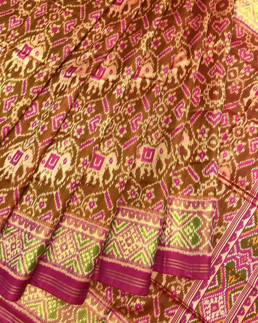 Pink & Rust Manekchowk Elephant Patola Saree - SindhoiPatolaArt