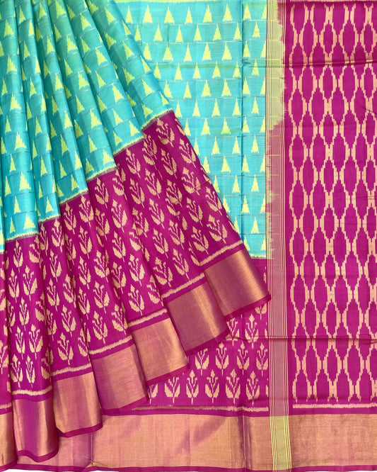 Pink & Sea Green Fancy Design with Scut Border Patola Saree - SindhoiPatolaArt