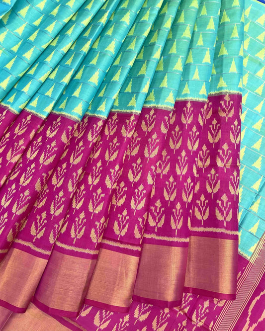 Pink & Sea Green Fancy Design with Scut Border Patola Saree - SindhoiPatolaArt