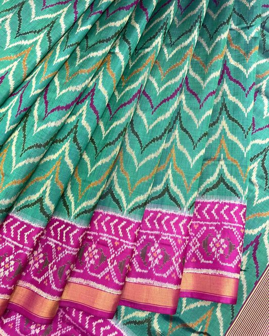 Pink & Sea Green Zig Zag Patola Saree - SindhoiPatolaArt