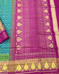 Pink & Sky Blue Booty Designer Patola Saree - SindhoiPatolaArt