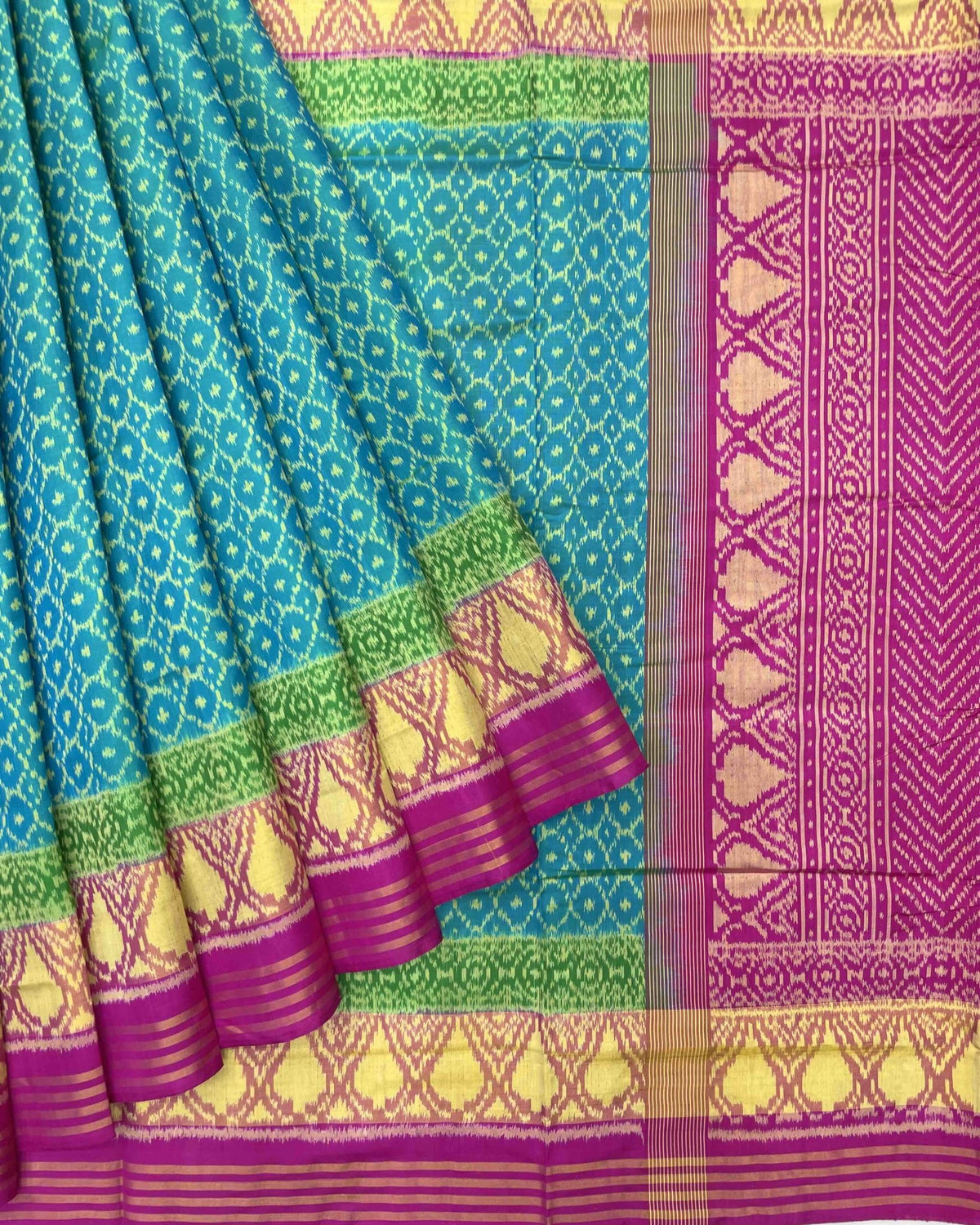 Pink & Sky Blue Booty Designer Patola Saree - SindhoiPatolaArt