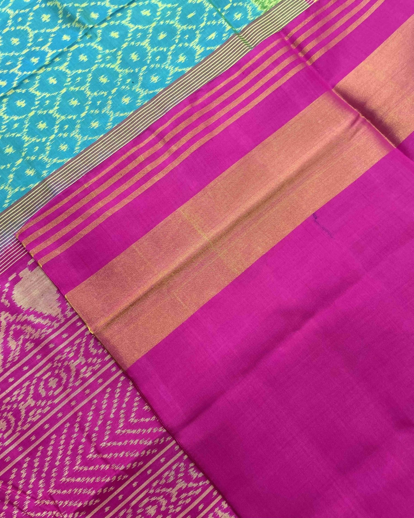 Pink & Sky Blue Booty Designer Patola Saree - SindhoiPatolaArt