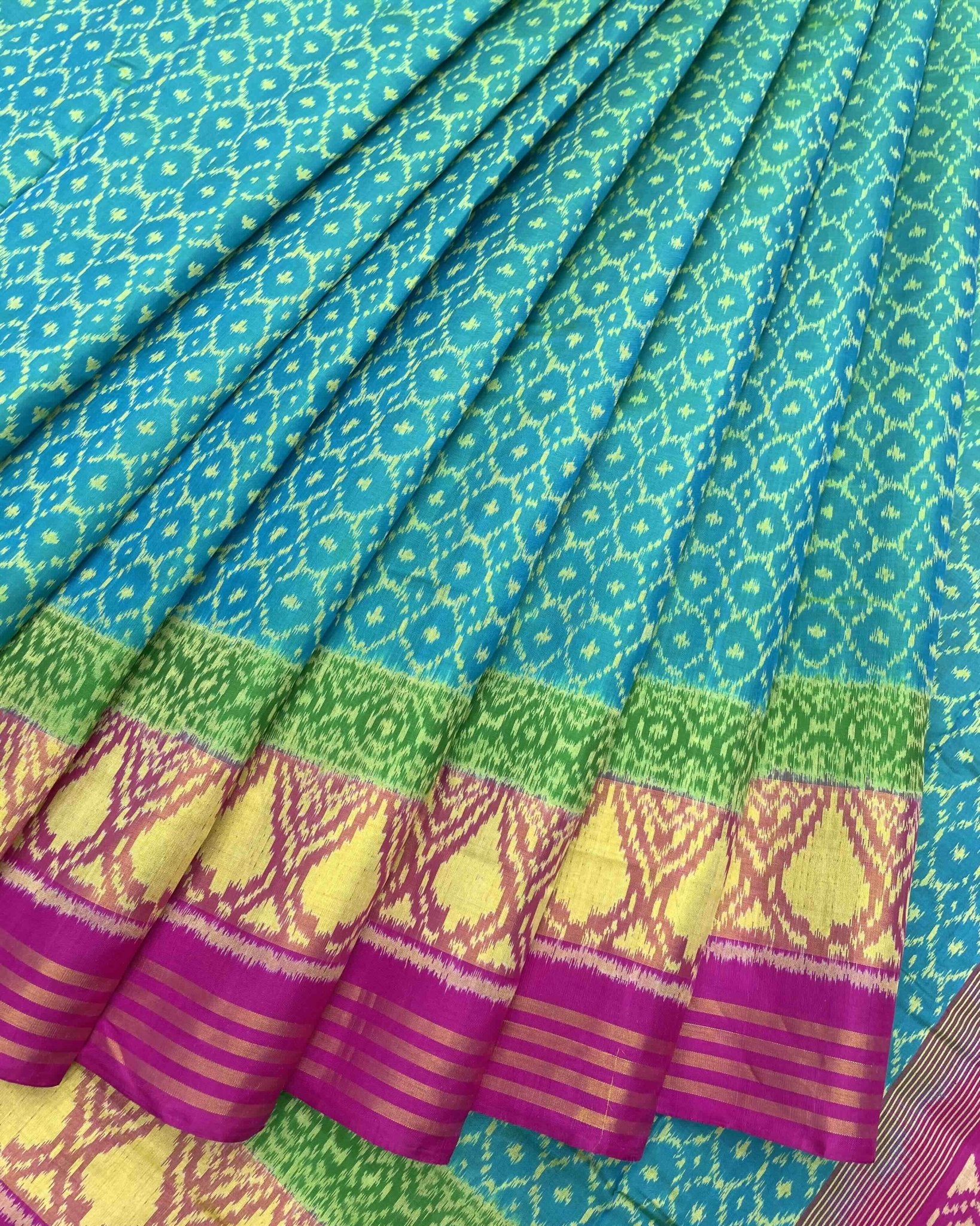 Pink & Sky Blue Booty Designer Patola Saree - SindhoiPatolaArt
