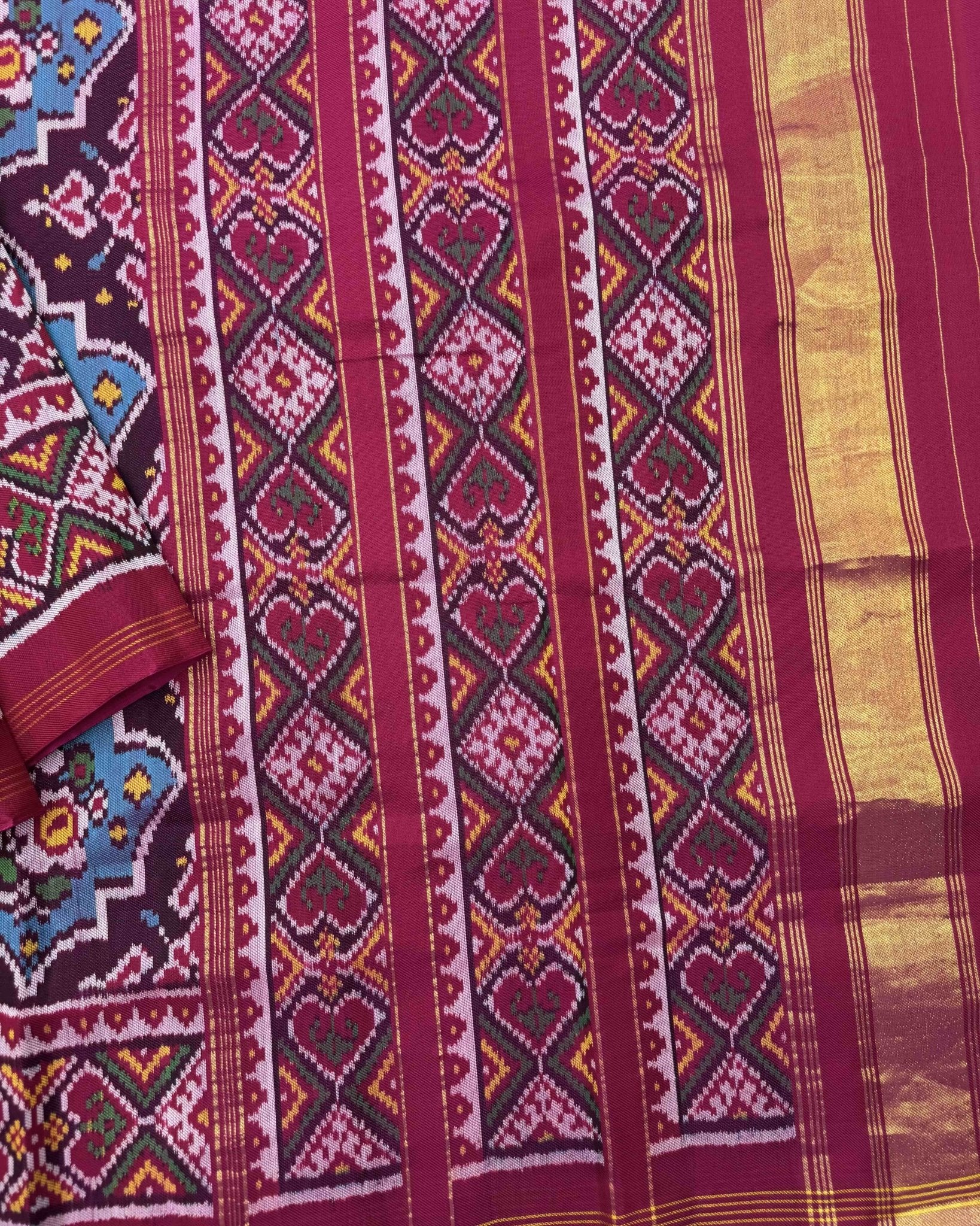 Pink & Sky Blue Flower Twill Patola Saree - SindhoiPatolaArt