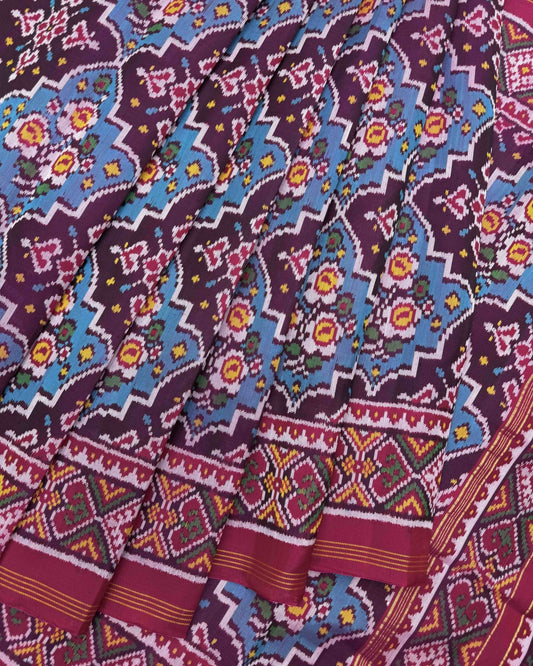 Pink & Sky Blue Flower Twill Patola Saree - SindhoiPatolaArt