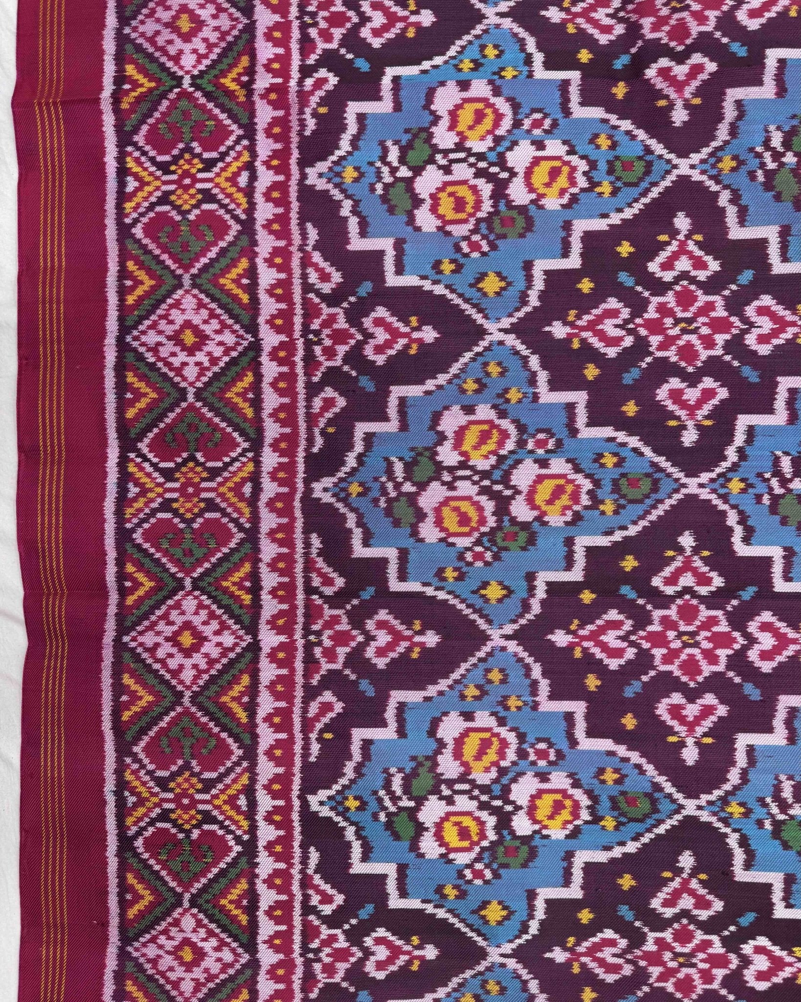 Pink & Sky Blue Flower Twill Patola Saree - SindhoiPatolaArt