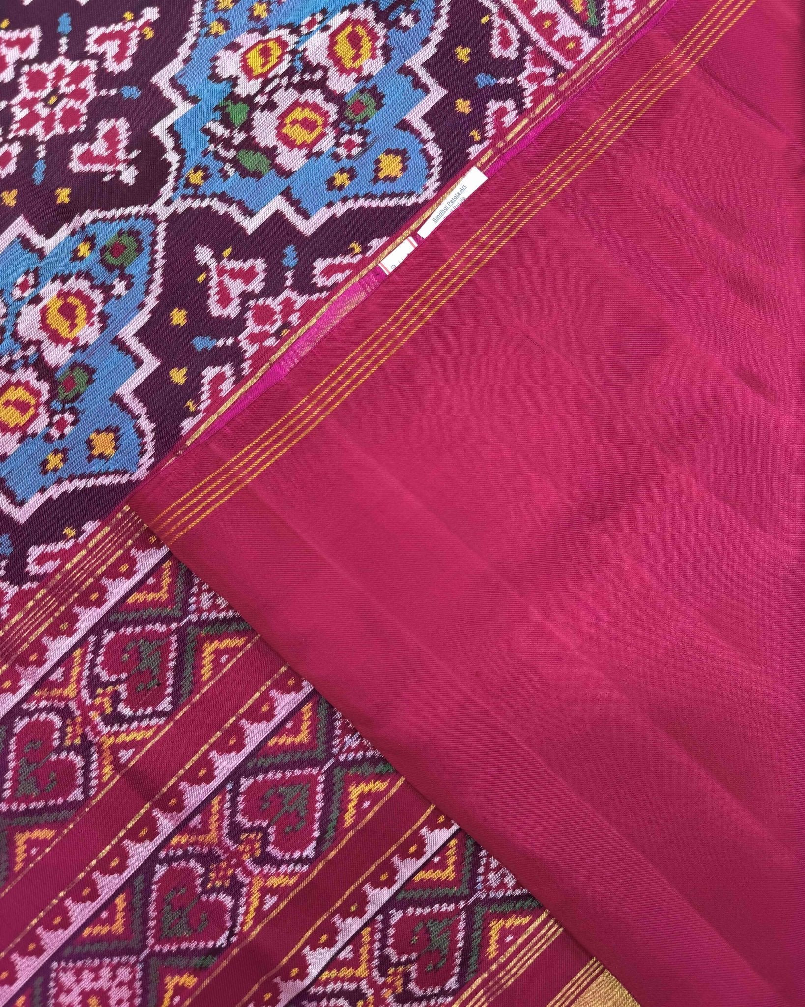 Pink & Sky Blue Flower Twill Patola Saree - SindhoiPatolaArt