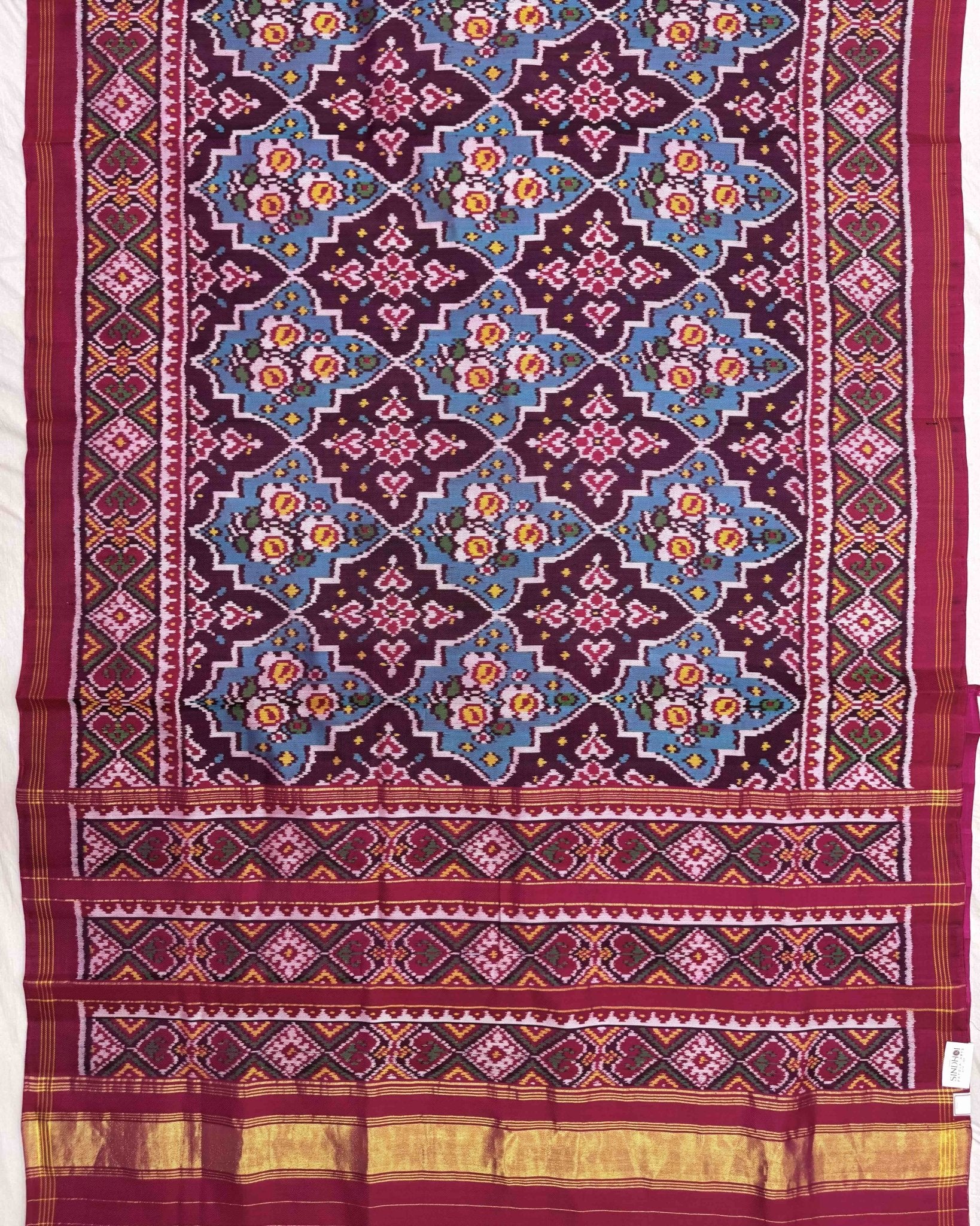 Pink & Sky Blue Flower Twill Patola Saree - SindhoiPatolaArt