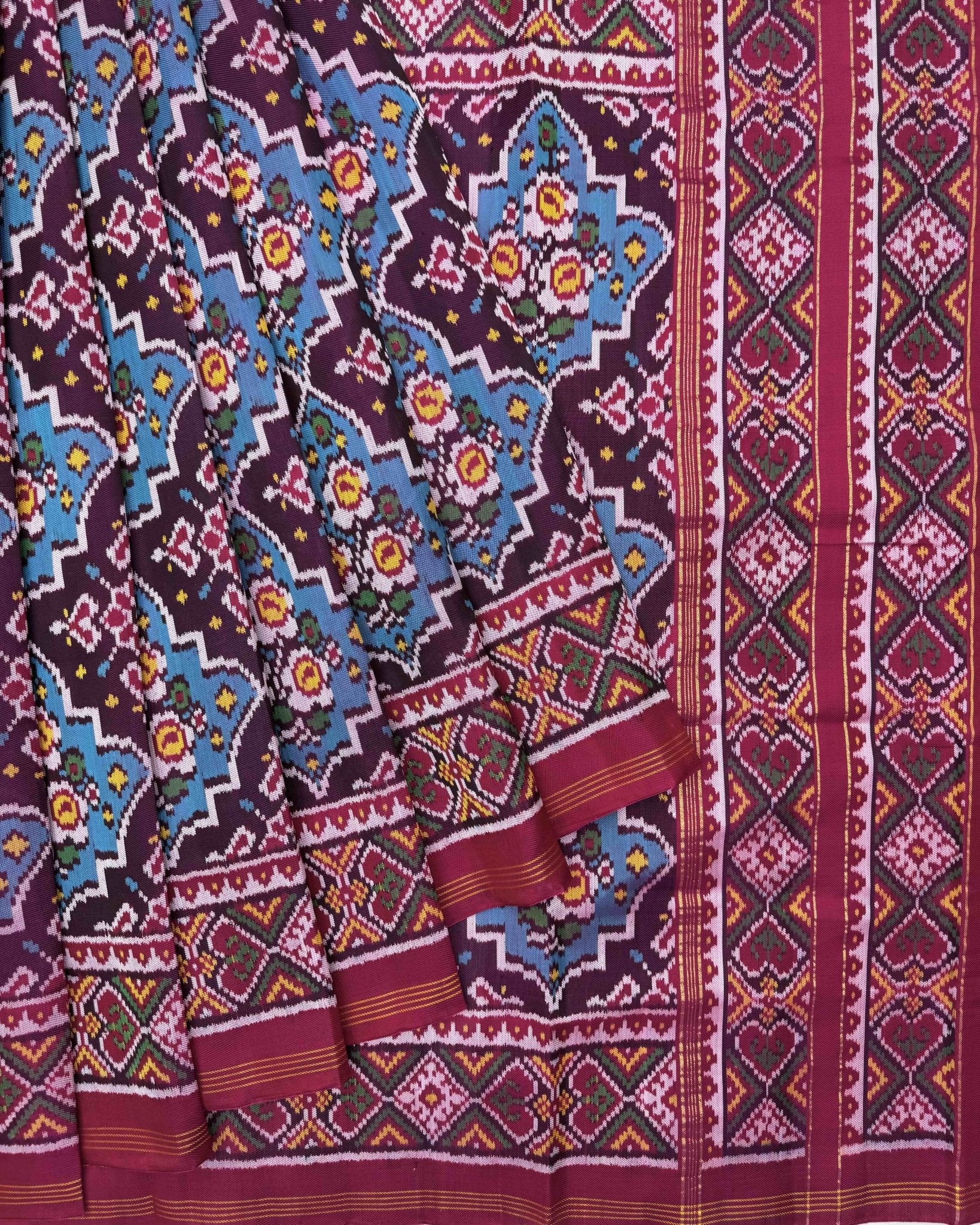 Pink & Sky Blue Flower Twill Patola Saree - SindhoiPatolaArt