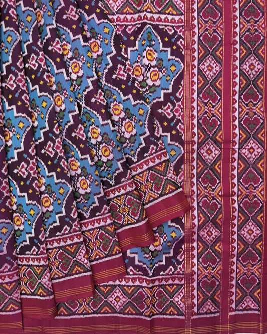 Pink & Sky Blue Flower Twill Patola Saree - SindhoiPatolaArt