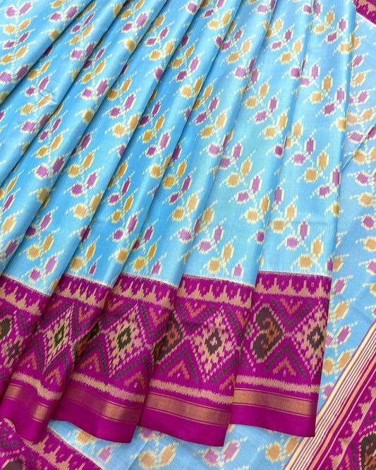 Pink & Sky Blue Leheriya Leaves Patola Saree - SindhoiPatolaArt